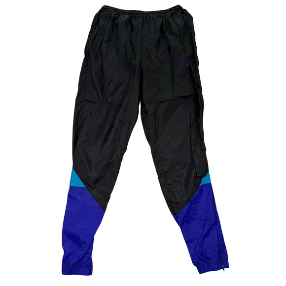 Vintage Nike Nylon Track Pants Mens Large Black Blue Colorblock Windbreaker 90s